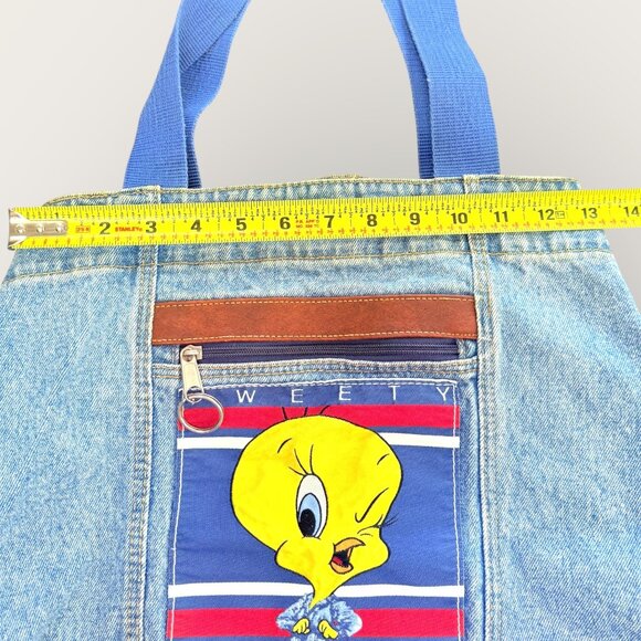 Vintage 90s Tweety Sport Denim Tote Bag With Blue Straps Front Zippered Pocket - Picture 9 of 11